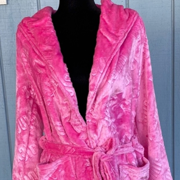 NWT Juicy Couture Pink Plush Logo Robe S/M Hooded Cozy Lounge